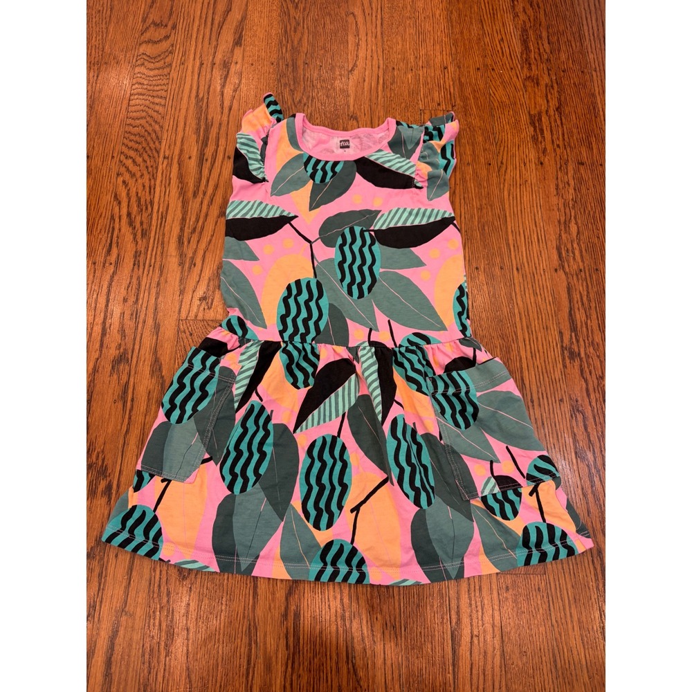 Tea Collection Girls Pink Bossa Nova Foliage Flutter Sleeve Pocket Dress Size 6